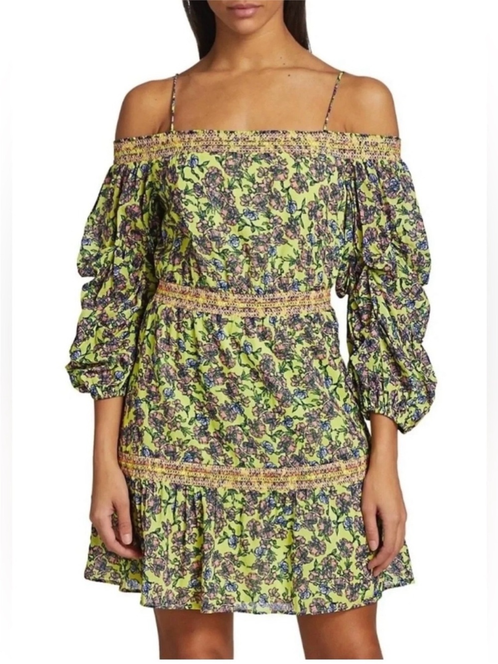 alice + olivia "Dorothy" Smocked Off-The-Shoulder Mini Dress in Ditsy Border, 4